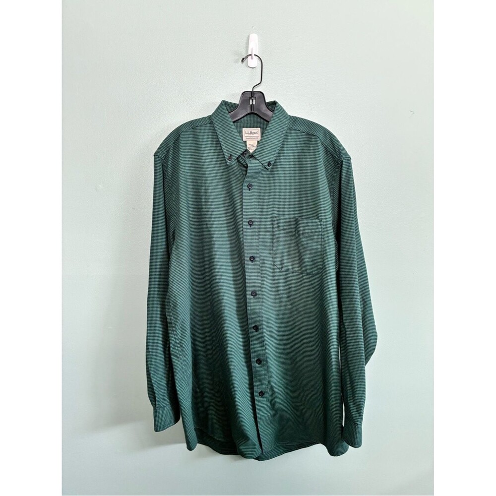 NWT L.L. Bean Men’s Dark Green Houndstooth Button-Down Shirt Traditional Sz LT